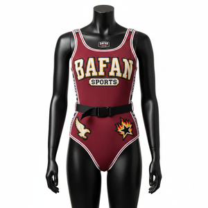 ชุดว่ายน้ำผู้หญิงผ้าโพลีเอสเตอร์ผสมสแปนเด็กซ์คุณภาพพรีเมียม สีแดงเลือดหมู แต่งแถบข้างสีขาว ปักโลโก้ตามสั่ง - Product Image 1