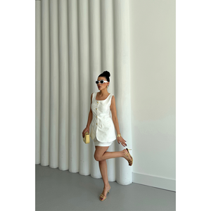 Conjunto de Chaleco y Falda Corta de Lino Jacquard para Mujer, Color Blanco - Product Image 5