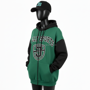 Sweat à capuche zippé pour femme, 330 GSM, coton et polyester, design bicolore vert et noir, broderie, logo personnalisé, sweat à capuche zippé basique - Product Image 4