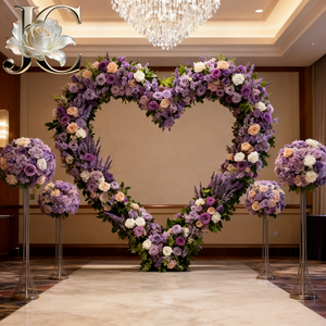 Décoration de mariage, toile de fond enroulable faite à la main, violette, 8 pieds x 8 pieds, arche en forme de cœur, fleurs artificielles, panneaux de roses en soie, mur de fleurs - Product Image 1