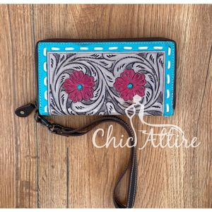 Nouveau Western fabriqué à la main en cuir sculpté pochette bracelet rouge Design Floral polyvalent femmes portefeuille et accessoire multi-usage - Product Image 1