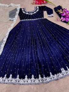 Hoàng Gia Màu Xanh anarakali georgette Saree Dài Lụa Rayon cộng với kích thước pakistani tiệc cưới giá thấp Chất lượng cao - Product Image 6