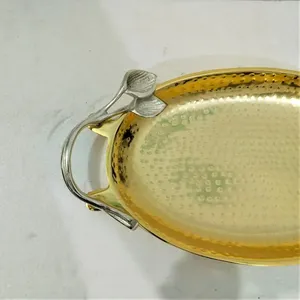 VISHAL HANDICRAFT Designer Floral Leaf Metal <b>Tray</b> Brass Plated Gold Handles Modern Customized Elegant Serving <b>Tray</b> (Customizable - Product Image 3