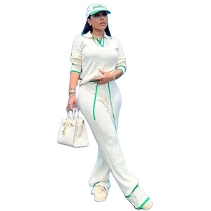 Autumn Winter Knitted Casual Tracksuit <b>Women</b> Two Piece Set Sporty Fitness Striped Sweater <b>Top</b> and Wide Leg Pants Jogging - Product Image 1