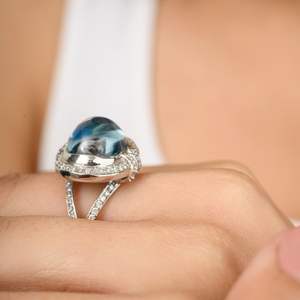 Exclusive Elegant Regal <b>Statement</b> <b>Ring</b> in Natural Oval Cut Blue Topaz and Diamond With 18k Solid White Gold Fine Jewelry - Product Image 6