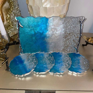 Juego de bandeja y posavasos de resina, bandeja de playa de resina, bandeja con asas y juego de posavasos en azul y dorado, resina hecha a mano por tradebit - Product Image 4