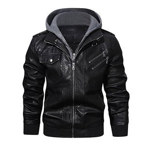 Veste bomber en cuir synthétique PU décontractée pour homme avec capuche amovible, coupe ajustée, col montant, veste de motard en cuir d'agneau véritable - Product Image 4