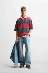 Premium Vintage Streetwear Polo Hombres Camiseta de algodón a rayas con logotipo personalizado Cuello de solapa Loose Fit Oversized Rugby Style T-Shirt - Product Image 4