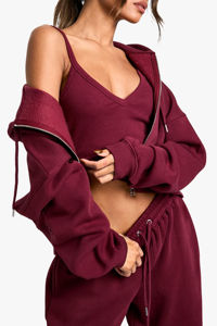 Ensemble de survêtement pour femmes, sweat-shirt court décontracté élégant de couleur bordeaux, pantalon large, tenue de détente d'hiver coupe-vent confortable - Product Image 4