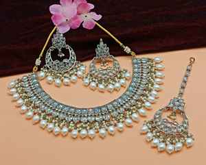 New Design Gold Plated Traditional <b>Drop</b> <b>Pearl</b> & Stone Studded Earring Mangtika Choker <b>Necklace</b> Set & Jewellery Set for Women - Product Image 4