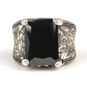 925 Oniks Tal Kalemli Dikdrtgen Erkek Yzk Geometric Pattern Rhodium Plated with <b>Emerald</b> Cut Diamond Everyday Wear - Product Image 5