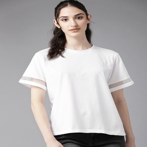 महिलाओं के लिए ठोस रंग गोल गर्दन टी-शर्ट, फीता विस्तार के साथ छोटी आस्तीन स्पैन्डेक्स सामग्री टासल सजावट - Product Image 1