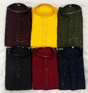 Festival tradicional para hombres Rayon Chikan Work Kurta con estampado dibujado a mano Conjunto de pijama de algodón por exportación en India para adultos - Product Image 1