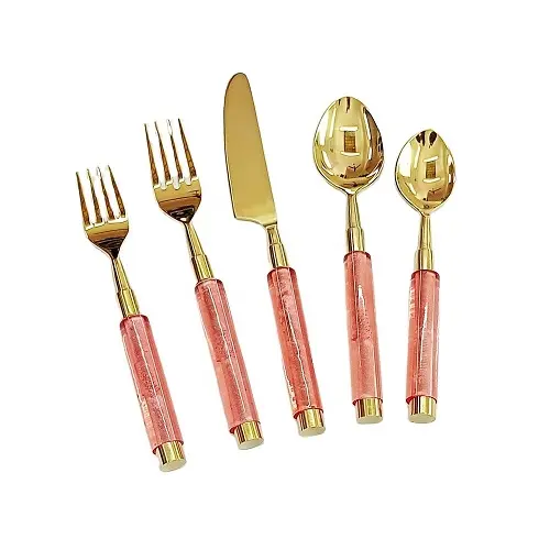 Hot Selling Red Acryl Griff Gold Farbe Besteck Set Edelstahl Besteck Löffel Gabel Messer Teelöffel Besteck Set