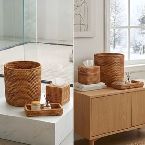Ensemble d'accessoires de salle de bain en rotin tressé à la main, design moderne, multifonctionnel, poubelle naturelle, boîte à mouchoirs et plateau de vanité - Product Image 3