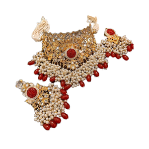 Handcrafted Classic Indian and <b>Pakistani</b> Traditional Silver Plated Stainless Steel Jhumkas and Matha Patti Stone-Studded Chokers - Product Image 1
