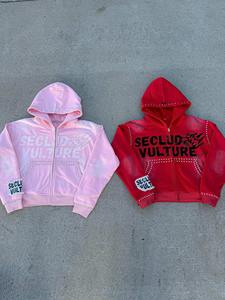 <b>Jacket</b> Crystal <b>Rhinestone</b> Double Zip up Hoodie MenCustom Vintage Washed Fleece French Terry Heavyweight Thick Zipper boxy hoodie - Product Image 4