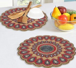 Glass Beaded <b>Round</b> Scalop Floral Gold Red Grey <b>Placemats</b> for Dining Table Beaded <b>Placemats</b> for Holiday & Christmas Thanksgiving - Product Image 4