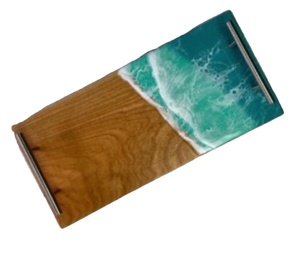 Luxury Resin Ocean Wave Wooden Serving Board – <b>Epoxy</b> Wood Charcuterie Tray with <b>Metal</b> Handles. - Product Image 1