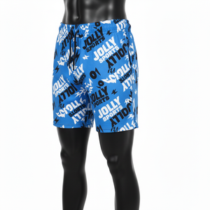 Shorts de sport pour femme en poly-spandex extensible de haute qualité, imprimé graphique bleu, tissu respirant, logo sublimé. - Product Image 1