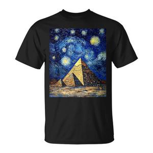 T-Shirt Stile Van Gogh Notte Stellata Egiziana con Design Piramidale Egiziano per Promozioni - Product Image 1