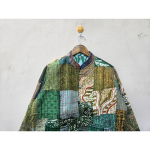 Handmade Vintage Women's Quilted <b>Green</b> <b>Silk</b> Patchwork Jacket Breathable Finished Winter Comfortable Durable Unique Pattern - Product Image 4