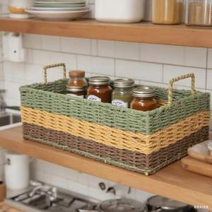 Multi-Color Woven Paper Rope Storage <b>Basket</b> Set - Rectangular Fabric Storage Bins <b>with</b> <b>Handles</b> for Kids Room & Home Decor - Product Image 5