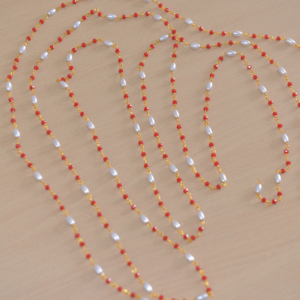 <b>Best</b> Quality Gold Plated Rice Pearl & Red Glass Beads Rondelle Rosary Chain. Brass Wire Beaded Chain for Jewelry Making - Product Image 3