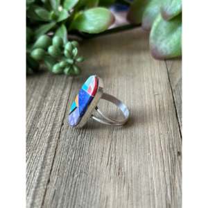 Navajo Handmade Multi Stone Inlay <b>Ring</b> Sterling Silver Size 7.25 Fine Jewelry with Opal & <b>Jade</b> - Product Image 3