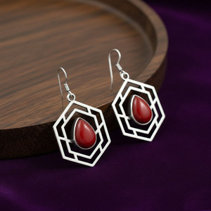 925 Sterling Silver Gold Plated Indian Hexagon Drop <b>Earrings</b> <b>Red</b> Onyx Stone | Trendy Party Handmade <b>Earrings</b> Wholesale Jewelry - Product Image 2