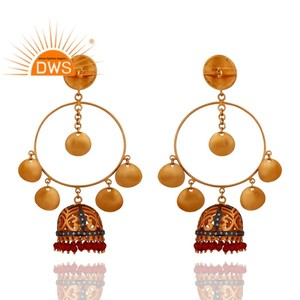 Indian Traditional Chandelier Earrings 18k Gold Plated Fashion Brass Jewelry Wholesale CZ Red Onyx Gemstone Earrings - Product Image 4