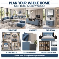 Meubles sur mesure pour toute la maison, canapé-lit modulaire bleu brume, table à manger, armoires de cuisine, armoire, meuble-lavabo de salle de bain
