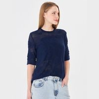 Blusa de punto con encaje y estampado de rosas para mujer - Top suave de manga corta con cuello redondo y botón trasero - Prenda de punto floral de verano