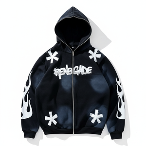 Sweat à capuche unisexe personnalisable avec fermeture éclair, badge et pompon, dernier design, broderie 3D vieillie, effet soleil délavé, coupe oversize, coupe-vent - Product Image 1