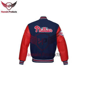 Veste Letterman à la mode pour homme avec col montant bleu rouge en laine côtelée en cuir de vachette avec fermeture à boutons - Product Image 6