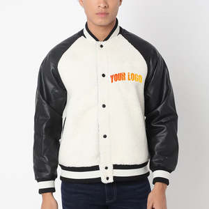 Vestes de baseball pour hommes de haute qualité en noir et blanc, tissu 100% coton, manches en cuir, col côtelé, taille oversize, veste d'hiver - Product Image 3