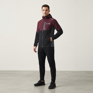 Chaqueta Cortavientos con Capucha para Hombre, Color Borgoña y Negro, con Cierre Completo, Bloques de Color, para Deportes al Aire Libre, con Bolsillos con Cierre - Product Image 1