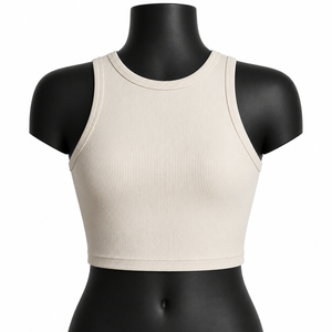 Top Corto Acanalado Beige Personalizado para Mujer, Sin Mangas, para Yoga, Gimnasio, Ropa Deportiva, Venta al Por Mayor OEM - Product Image 1