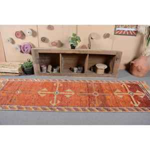 Alfombra Vintage de Lana Turca para Pasillo, Alfombra de Látex Tradicional de 3x10,3 Pies, Diseño de Retales Rectangulares, Naranja y Beige - Product Image 4