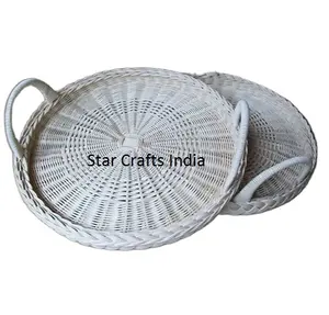 STAR CRAFTS 인도 제조업체 핫 라운드 커피 음료 황마/고리 버들 트레이 금속 손잡이 홈 바 대나무 나무 서빙 트레이