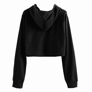 Full <b>Black</b> Color <b>Ladies</b> Crop <b>Top</b> Hoodies Long Sleeves Hooded Custom Solid Color Pullover Stylish Sweatshirts for Women's - Product Image 6