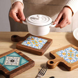 Wooden Hotpot Holder <b>Trivets</b> With Center Ceramic Natural Acacia <b>Wood</b> Pot Holders Heat Resistant <b>Trivet</b> Set - Product Image 4