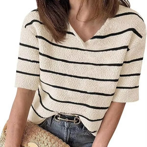 Suéter de manga corta de verano para mujer, camisetas a rayas con cuello en V, camisetas informales holgadas, Top de punto de moda 2025 - Product Image 1