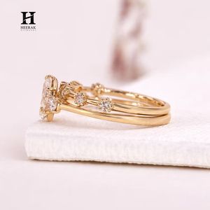 Luxury Pear Cut Lab Grown Diamond Engagement <b>Ring</b> <b>Set</b> 14K Yellow <b>Gold</b> Curved Vine Cluster Bridal Stack - Product Image 3