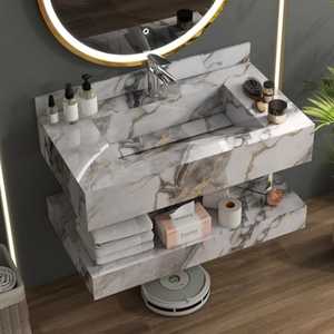 Mueble de Baño de Lujo con Lavabo Integrado y Encimera de Piedra Artificial New Vision |   Acabado Mármol ED-Gold |   Montado en la Pared |   32x18 Pulgadas - Product Image 1