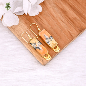 Bumble Bee Jasper Rectángulo Piedra preciosa Amarillo Chapado en oro Latón Cuelga Pendiente Joyería hecha a mano Declaración Pendientes Joyería - Product Image 3