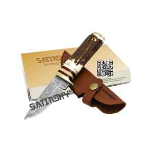 Couteau de chasse avec manche en bois et traversin en laiton 11.75 "avec couteau de chasse Acier damas: 1095 + 15N20 Acier à haute teneur en carbone - Product Image 3