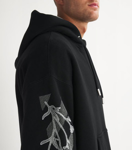 Sweat à capuche surdimensionné noir pour homme avec broderie florale sur les manches Pull décontracté Streetwear avec poche kangourou et cordon de serrage - Product Image 5