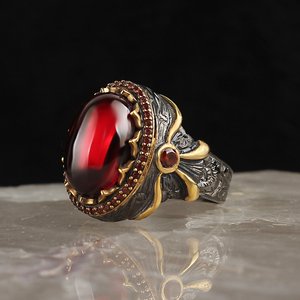 Anillo de Hombre de Plata de Ley 925 Estilo Turco Vintage, Estilo Otomano, Chapado en Rodio y Oro Bicolor, RCEGYT-413 - Product Image 1