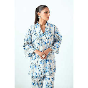 ชุดเซ็ต 2 ชิ้น เสื้อผ้าชีฟองพิมพ์ลายริ้วสีขาวสไตล์ลำลองสำหรับผู้หญิง แขนสามส่วน เหมาะสำหรับฤดูใบไม้ผลิ/ฤดูร้อน - Product Image 3